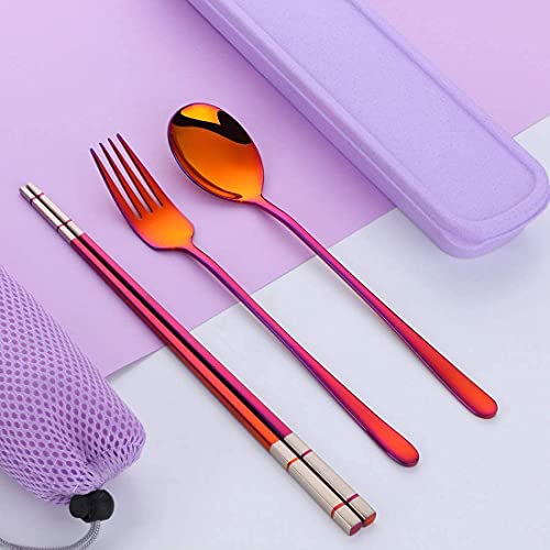 3 PCS Outdoor Flatware Set Fork Spoon Chopsticks/Travel Flatware Set with a Case, Red - color: Red
