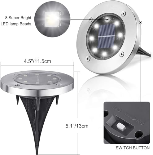 LYHOPE Solar Ground Lights Outdoor, 12 Pack 8 LED Solar Disk Lights Waterproof Garden In-ground Pathway Light Landscape Lighting for Lawn,Yard,Deck,Patio,Walkway (White) - color: White, size: 12 Pack