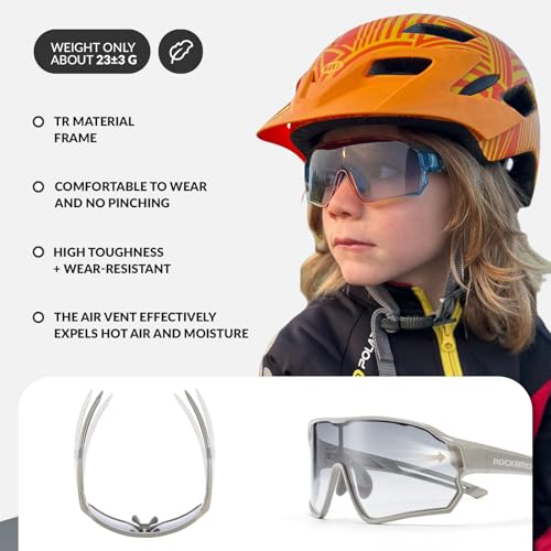 ROCKBROS Kids Photochromic Cycling Glasses, UV400 Clear to Dark Transition Sports Sunglasses for Youth Boys Girls Age 8-14 - color: Glossy Grey / Photochromic