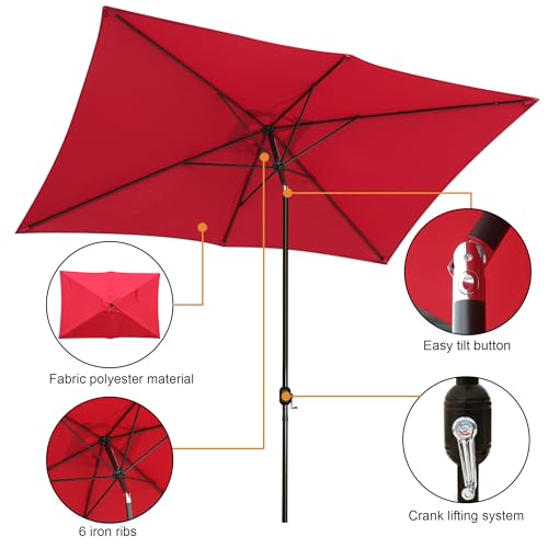 Blissun Rectangular Patio Umbrella, Table Market Umbrella with Tilt and Crank, Outdoor Umbrella for Garden, Deck, Backyard, Pool and Beach - color: Red, size: 6.5 x 10 FT