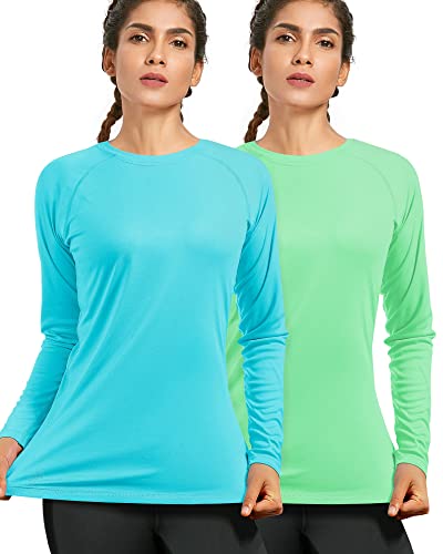isnowood Women's Sun Protection Long Sleeve Shirts, UPF 50+ UV Rash Guard Swim Shirt, Workout Hiking Running Athletic Tops - color: 2 Pack-blue, Green, size: Large