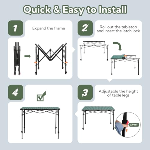 Join Nature Portable Outdoor Adjustable Height Camping Table, Large for 2-6 Person, Foldable Roll-up Aluminum Camp Table with Carry Bag for Picnic, Camp, Sturdy, Stable, Loads 220 Lbs (Green) - color: Green