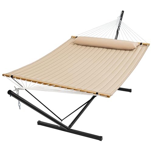 SUPERJARE Hammock with Stand, 2 Person Quilted Outdoor Hammock, Detachable Pillow & Bamboo Spreaders, Portable Hammock with Carrying Bag, Heavy Duty Stand, Perfect for Outside, Patio, Beige - color: Beige, size: 55.1"W × 74.8''D × 43.3''H