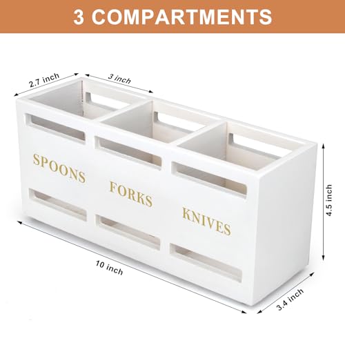 Ayiaren Wood Flatware Silverware Caddy White Cutlery Holder Kitchen Utensils Holder for Party Wooden Silverware Organizer for Countertop Knife Spoon and Fork Holder Table Utensil Caddy Organizer - color: White (Gold Font)
