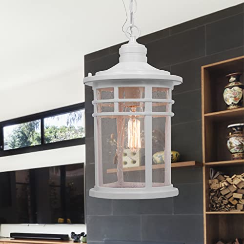Darkaway Large Outdoor Pendant Lights for Porch, 15inch Outdoor Chandelier Hanging Porch Lights Ceiling Mount Aluminum with Seeded Glass for Front Porch Gazebo Patio (Large, White) - color: White, size: Large Size