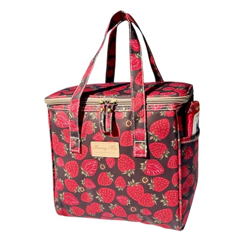 Kwang Min Floral Insulated Lunch Bag for Women,Reusable Lunch Box,Large Cooler for Office,Picnic Outdoors,Premium Quality Waterproof Fabric,Ideal Gift for Outdoors and Work (Chocolate Strawberry) - color: Chocolate Strawberry
