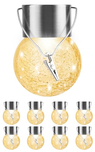 Solar Lights Outdoor Hanging Decorative Globe 8 Pack, Waterproof Solar Lantern with Handle and Clip, Solar Powered Glass Ball Lights for Garden Yard Fence Tree Umbrella Holiday Décor, Warm White - color: Warm White, size: 8