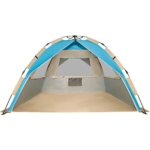 G4Free Deluxe XL Pop Up Beach Tent, 3-4 Persons Easy Setup Sun Shelter Canopy with UPF 50+ UV Protection Extral Wide 70.9 in - color: Large New Lake Blue