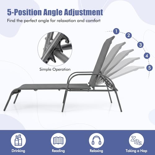 Tangkula Lounge Chair Outdoor, Patio Chaise Lounge with Adjustable Backrest, Reclining Pool Lounge Chair for Outside with Heavy Duty Steel Frame, Suitable for Beach, Yard, Balcony, Poolside - color: Grey