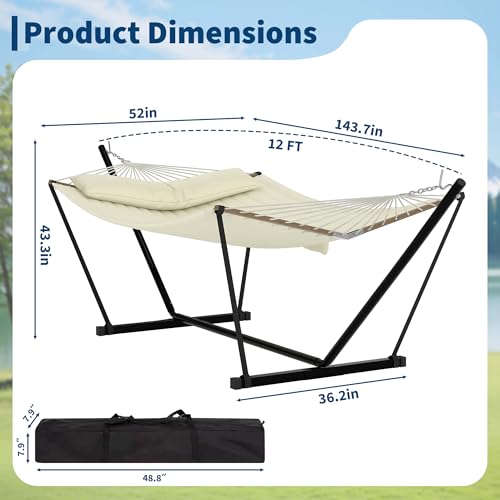 2 Person Double Hammock with Adjustable Steel Stand & Pillow, Heavy Duty Portable Outdoor Hammock Set, MAX 450 LBS Weight Capacity for Patio, Garden, Beach, Backyard - color: V-off-white