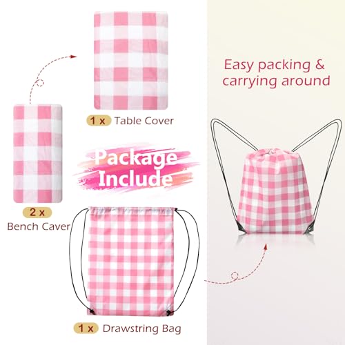 Picnic Table Cover with Bench Covers and Bag, Camping Table Camping Essentials Cover with Elastic Edges(Pink) - color: Pink