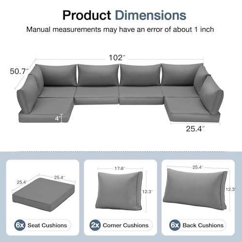 HOMREST Replacement Cushions for Outdoor Furniture, 25x25 Inch 14-Piece Patio Furniture Cushions, Waterproof Fade Resistant Non-Slip Cushion Set for 6-Seat Rattan Wicker Conversation Sets, Dark Gray - color: Dark Grey, size: 6 Seat