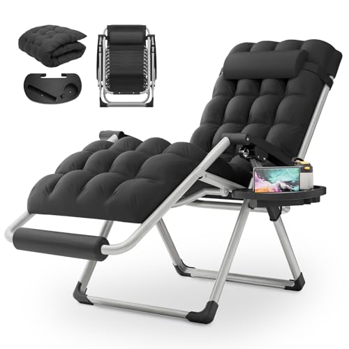 MoNiBloom Zero Gravity Lounge Chair with Cushion, Padded Patio Anti Gravity Recliner, Foldable Outdoor Lounger with Cup Holder Tray, Headrest and Footrest for Beach Camping, Black - color: Black, size: Standard with Footrest 1-Pack