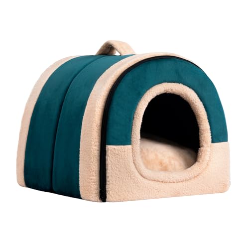 Hollypet Cat Bed Self-Warming 2 in 1 Foldable Kitty Cave Hut House Nest Pet Sleeping Bed, Crystal Velvet Pet Condo for Indoor Cats, Green Arched Cave - color: Green Arched Cave