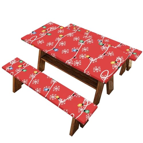 Christmas Colored Lights Snowflake Picnic Table Cover with Bench Covers 3 PCS for Outdoor Camping Rectangle Table Cloth for Picnic Camping Outdoor - color: Christmas Colored Lights Snowflake, size: Small