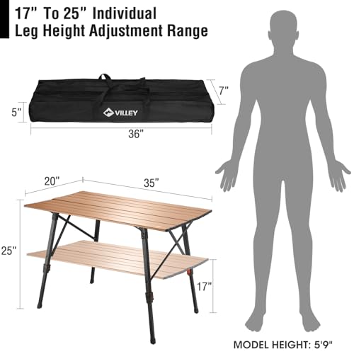VILLEY Portable Camping Table with Adjustable Legs, Lightweight Aluminum Folding Beach Table with Carrying Bag for Outdoor Cooking, Picnic, Beach, Backyards, BBQ and Party - Gold - color: Gold