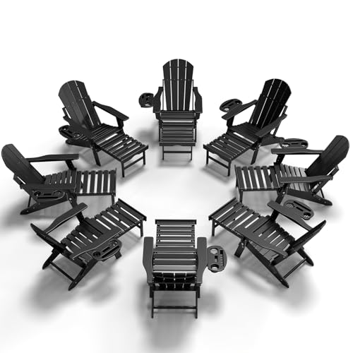 NAVINE Adjustable Adirondack Chair with Retractable Ottoman Set of 8, HDPE Folding Adirondack Chair with Cup Holder, All Weather Fire Pit Chair for Outdoor. - color: Black, size: 8 pcs