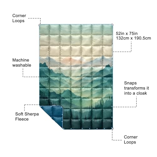 zzlamb Camping Blanket for Cold Weather,Outdoor Puffy Blanket Portable Down Alternative,Windproof Warm Cloak with Snaps,Cozy Quilt Backpacking Picnic RV Travel Plane Car Hammock Beach Climbing - color: Awakening Forest, size: 52x75in