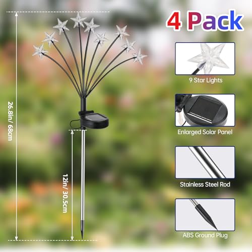 Lewondr 4th of July Decorations Solar Garden Lights, Fourth of July Red White and Blue Light Solar Lights Outdoor, Waterproof Patriotic Decor with 9 LED 2 Lighting Modes for Independence Day, 4 Pack - size: 4 Pack, style: Transparent Star