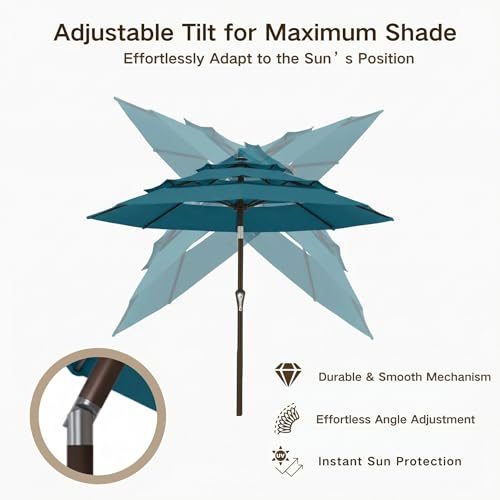 Kingdura 9ft 3-Tier Patio Umbrella, Outdoor Table Umbrella with Easy Crank & Tilt, 8 Reinforced Ribs, UV Protection for Deck, Pool, Market, Backyard (Lake blue) - color: Lake blue, size: 9 FT