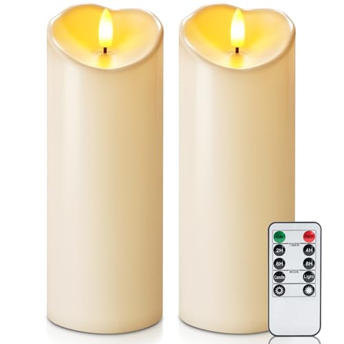 Homemory 3"x8" Outdoor Waterproof Flameless Candles, LED Candles, Battery Operated Candles with Remote and Timers, Electric Fake Plastic Pillar Candles, Dark Ivory, Set of 2 - color: Dark Ivory, size: D3"xH8"8"