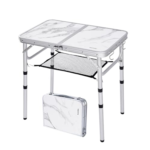 YUFIFAIRY Small Folding Camping Table, 2ft Portable Table with 3 Adjustable Heights, Aluminum Lightweight Foldable Picnic Table with Mesh Layer and Extension Legs for RV, BBQ and Indoor - color: White Marble Top & Silver Frame