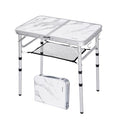 YUFIFAIRY Small Folding Camping Table, 2ft Portable Table with 3 Adjustable Heights, Aluminum Lightweight Foldable Picnic Table with Mesh Layer and Extension Legs for RV, BBQ and Indoor - color: White Marble Top & Silver Frame