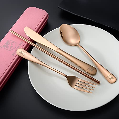 Boulder Bee Travel Utensils | Reusable Camping Cutlery | Stainless Steel Flatware | Portable Silverware Set with Case | Includes Knife/Fork/Spoon/Straw/Cleaning Cloth (Rose Gold) - color: Rose Gold