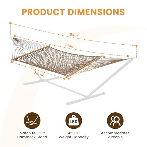 Lazy Daze Hammocks 12FT Double Rope Hammocks, 2 Person Hand Woven Cotton Hammock with Spreader Bar, Carabiner, Tree Strap, Chain for Outside, FIT 13-15 FT Stand, Max 450 Lbs, Brown - color: Brown