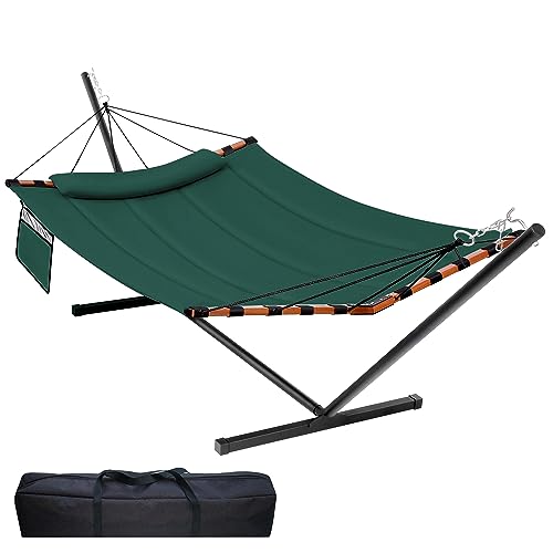 TegerDeger 12FT 2 Person Hammock with Stand Included 55 x 79IN Large Hammock 450LB Capacity with Hardwood Spreader Bar & Nylon Rope for Outside, Patio, Garden, Backyard, Beach, Poolside - Dark Green - color: Dark Green