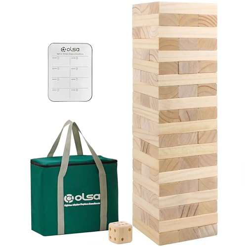 Olsa Giant Tumble Tower 60 PCS Wooden Block Stacking Games with Carrying Bag Classic Indoor & Outdoor Games for Adults Family Backyard Lawn Beach Camping (Stack from 2.2 Ft to 5Ft) - style: L-Up to 5FT