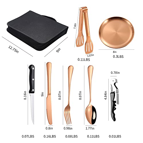 Picnic Tableware Set Camping Dinnerware Copper/Rose Gold Silverware and Plates Kit for 4 Portable Utensils Stainless Steel Dishes Spoons Forks Knives Bottle Opener Food Tongs - size: 20, style: Copper/Rose Gold Camping Flatware