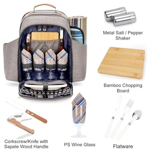 Picnic Backpack for 4 with Plates and Cutlery, Insulated Cooler Bag with Blanket & Wine Holder, All-in-One Outdoor Dining Set for Camping, Beach, Tailgating - 25L (Black) - color: Black