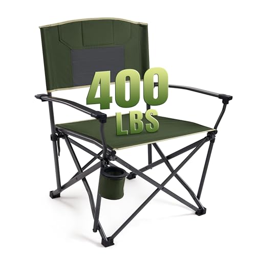Oversized Folding Camping Chairs for Adults Heavy Duty Camp Chair Support 400 LBS Steel Frame Metal Arm Lawn Chairs with Swivel Cup Holder & Hollow Backrest Extra Large Outdoor Chairs Green - color: Green