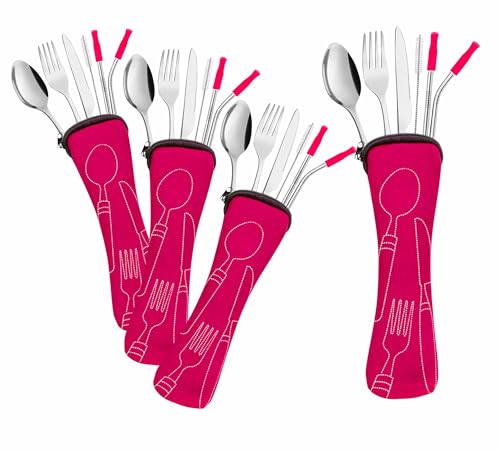 Travel Utensils Set with Case 4 Pack, Reusable Stainless Steel Portable Cutlery (Fork, Spoon, Knife, Straws & Cleaner) for Work, Dorm, Camping, Lunch Box, Compact Durable Silverware by Ecoberi - color: Pink