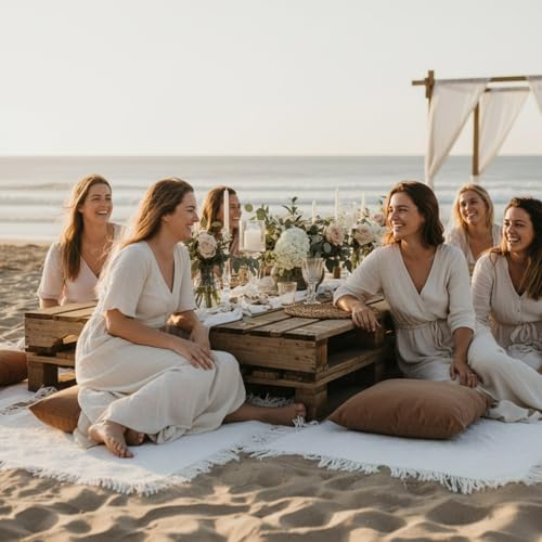 Hahafelt 8 Pcs Outdoor Picnic Blanket 35"x35" Boho Blanket Woven Cotton Yarn Portable Mat Plaid with Fringe Washable for Picnic Party Camping Beach Travel Lawn Indoor Bohemia Decor (White)