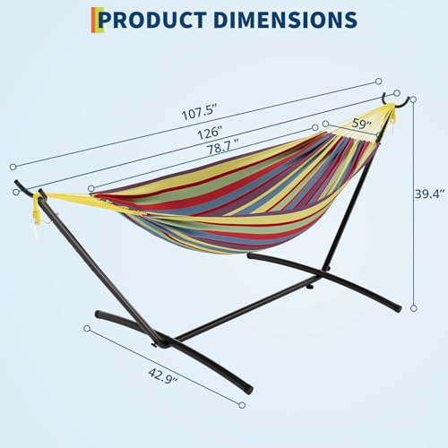 Double Hammock,Outdoor Portable Hammocks, Heavy Duty Hammock with Space Saving Steel Stand Included and Carry Bag, 450lb Capacity Standing Hammocks for Outside Garden Yard
