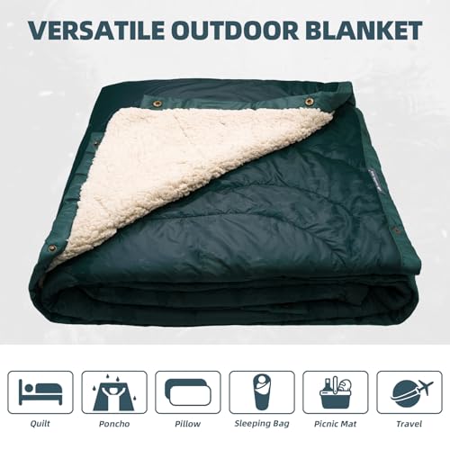 Outdoor Camping Blanket with Sherpa Lining, Extra Warm Thick Camp Blankets and Puffy Ultralight Soft Poncho DWR Camping Quilt for Cold Weather, Adventure, Sleeping, Backpacking 78"x 56" - color: Pale Green, size: 78 X 56 Inches