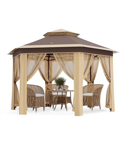 13X13 Pop Up Gazebos,Outdoor Canopy Tent with Mosquito Netting, Double Vented Roof Sun Shelter with Adjustable Heights,Outdoor Gazebo for Backyard & Patio Furniture.（Khaki-Six Sides Gazebos） - color: Khaki Beige