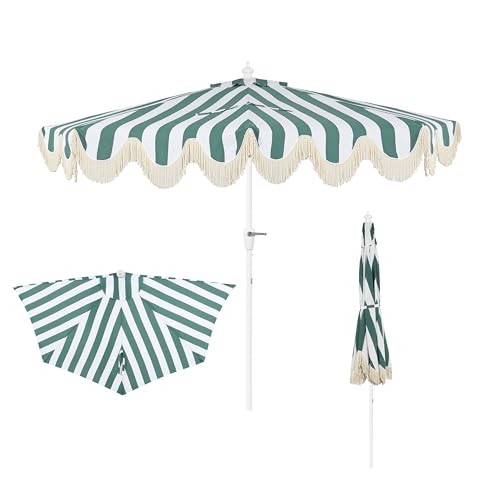 JONATHAN Y Half Umbrella UMB1201L Beverly 9 ft. Designer Classic Scalloped Fringe Market Patio with Crank, Tilt Button and UV Protection in Green/White, White Pole - color: Green/White - White Pole