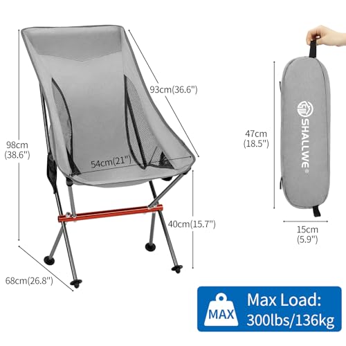 SHALLWE Camping Chairs, All Aluminum Frame Portable Folding Camp Chair for Adults, Heavy Duty High Back Collapsible with Built-in Pillow, Side Pocket, Carry Bag for Backpacking, Hiking, Beach - color: Grey