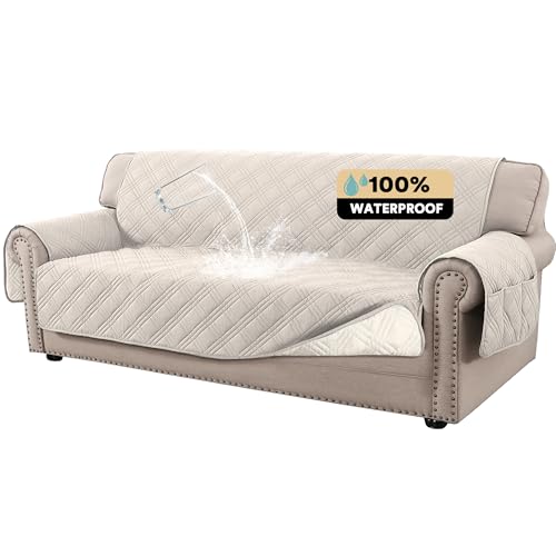 PrinceDeco 100% Waterproof Couch Cover for 3 Cushion Couch Sofa Pet Friendly Non-Slip Couch Cover for Dogs Washable Water Resistant Furniture Protector with Elastic Straps(Sofa 68", French Oak) - color: French Oak, size: Sofa