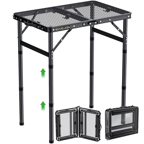 GARLLEN 2ft Folding Grill Table Max Capacity 66lbs, 3-Height Adjustable Folding Camping Table with Heat-Resistant Mesh Tabletop, Portable Aluminum Picnic Tables for BBQ, Outdoor, 22.8" L x 15.7" W - color: Black, size: Tabletop Size: 22.8"L x 15.7"W