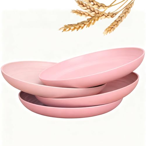 Wheat Straw Dinner Plates Set of 4, Unbreakable Reusable Plates, Lightweight Microwave & Dishwasher Safe, BPA Free Pink Dinnerware for Kitchen, Camping & Daily Use - color: Pink