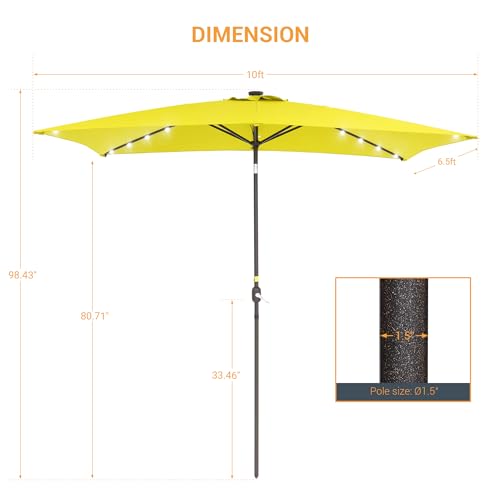 Rectangle Patio Umbrella with Solar Lights, 10 x 6.5ft Rectangular Outdoor Umbrella Table Market Patio Umbrella with Push Button Tilt and Crank for Garden, Deck, Backyard, Pool - color: Yellow