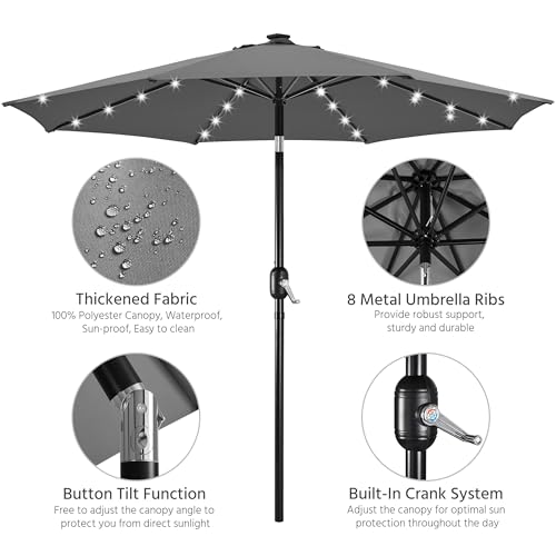 Yaheetech 10FT LED Lighted Patio Umbrella, Outdoor Solar Table Umbrella with 8 Ribs/Tilt Adjustment and Crank Lift System for Garden/Deck/Pool, Gray - color: Gray, size: 10ft