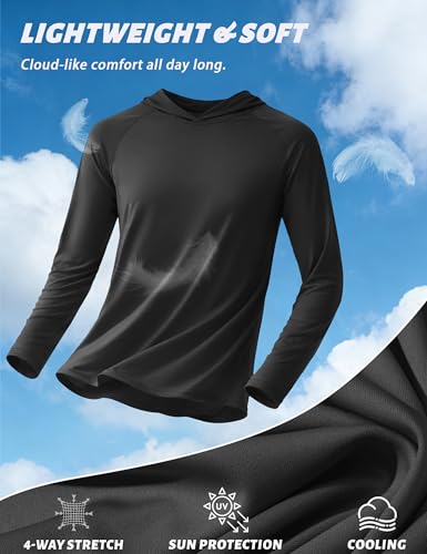 KEFITEVD Men's Sun Protection UPF 50+ Hoodie Shirts Long Sleeve Swimming Fishing Shirt SPF UV Quick Dry Rash Guards - color: Black, size: Medium
