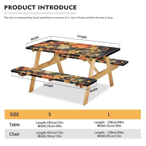 Fall Picnic Table Cover for Outdoor Camping Pumpkin Sunflower Elastic Fitted Table Cloth for Camping Party Supplies 3 PCS Set - color: Pumpkin Sunflower, size: Small