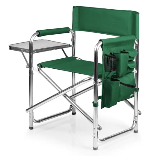 PICNIC TIME Sports Chair with Side Table and Armrest Caddy, Lightweight Aluminum Folding Outdoor Camping Chair for Adults, Portable Director Style Lawn Seating with Pockets & Strap, (Hunter Green) - color: Hunter Green