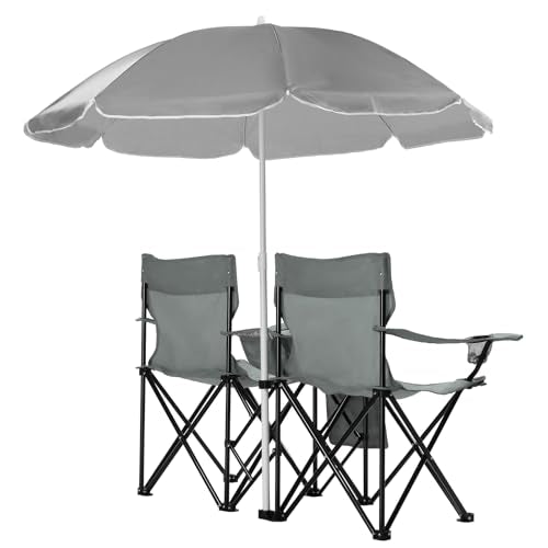 Double Folding Camping Chair W/Umbrella Fold Up Table Beverage Holder Carrying Bag Cooler for Patio Pool Park Outdoor Beach, Picnic, Portable (Grey) - color: Grey